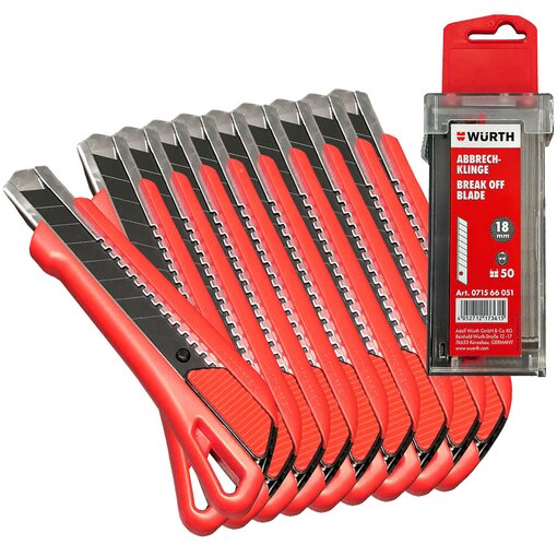 Würth 10 x 1K Cutter Messer mit Schieber 18mm + 1 x 50 Würth Klingen im Spender