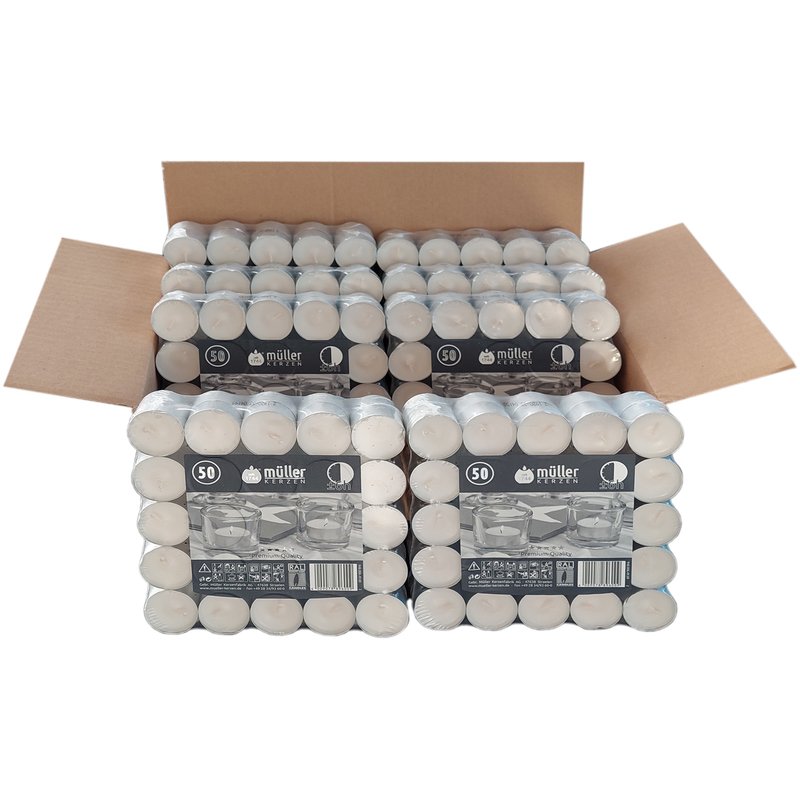 8 x Qualitäts 6h-Lichter Teelichter 50er Flat Packs