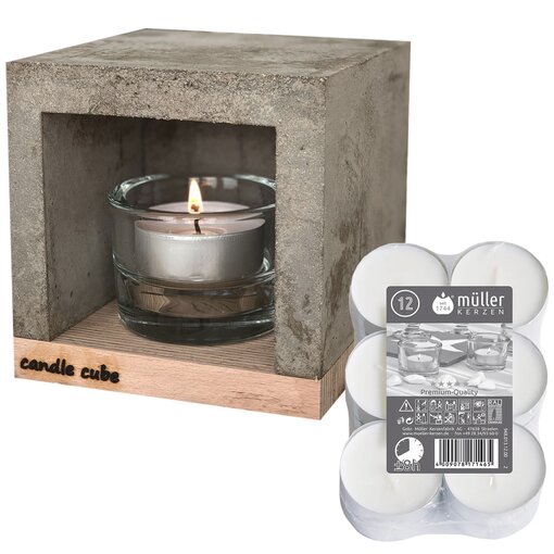 candle cube Set Tisch Kamin Beton+12 Maxi-Teelichter