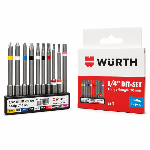 Würth Bit-Sortiment lang 70 mm 1/4 Zoll mit Gürtelclip 10-teilig 0614250020