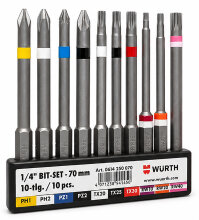 Würth Bit-Sortiment lang 70 mm 1/4 Zoll mit Gürtelclip 10-teilig 0614250020