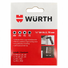 Würth Bit-Sortiment lang 70 mm 1/4 Zoll mit Gürtelclip 10-teilig 0614250020